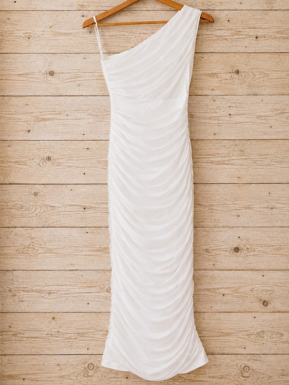 NWOT One-Shoulder White Ruched Bodycon Dress Size M